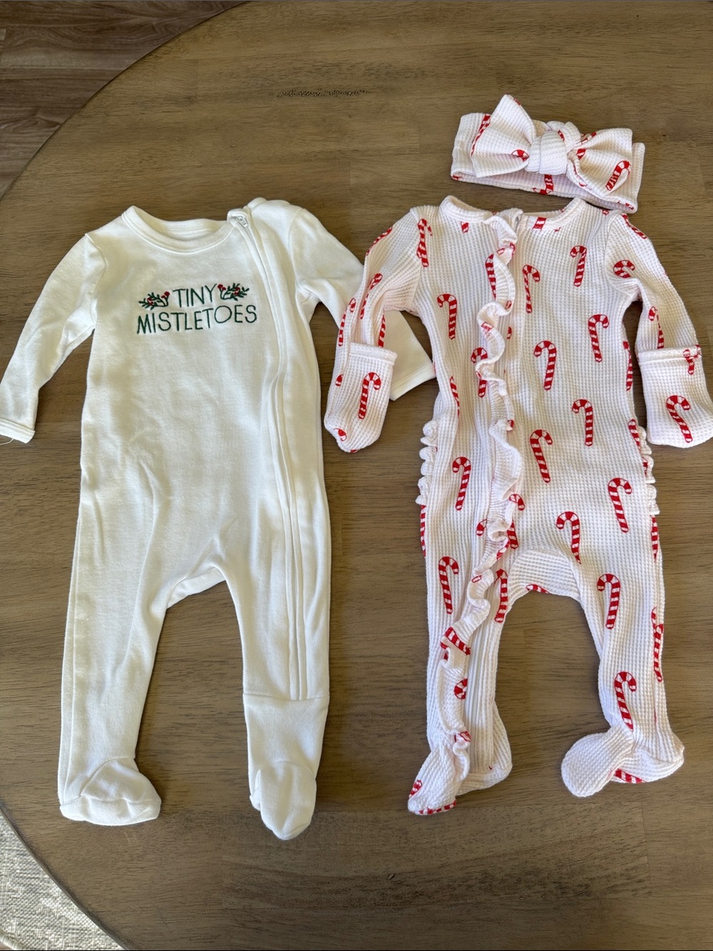 Spearmint Baby Candy Cane & Pottery Barn Tiny Mistletoes footies